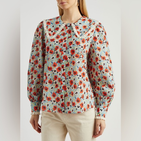 Rixo Misha Floral Print Cotton Blouse Blue Multicolor Peter Pan Collar Small - Picture 2 of 12